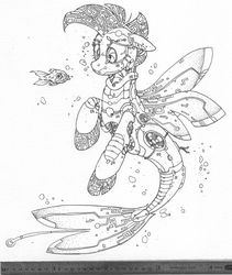 Size: 2278x2694 | Tagged: safe, artist:selenophile, fish, pony, robot, robot pony, seapony (g4), bubble, detailed, fins, fish tail, high res, monochrome, ocean, simple background, solo, tail, traditional art, underwater, unsure, water, white background, wings