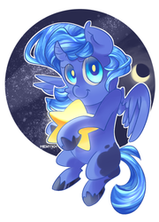 Size: 900x1250 | Tagged: safe, artist:mewy101, princess luna, pony, g4, female, filly, moon, solo, space, stars, tangible heavenly object, woona, younger