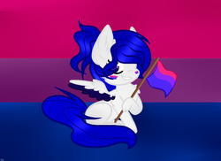 Size: 1054x768 | Tagged: safe, artist:blueskysilversong, oc, oc only, pegasus, pony, abstract background, bisexual pride flag, bisexuality, colored wings, colored wingtips, flag, hoof hold, pride, sitting, solo