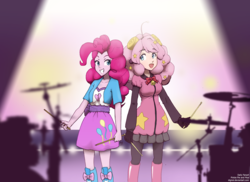Size: 3331x2420 | Tagged: safe, artist:digiral, pinkie pie, human, equestria girls, g4, crossover, drummer, drums, duo, eyestrain warning, high res, moa, musical instrument, show by rock!!