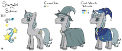 Size: 2308x970 | Tagged: safe, artist:underwoodart, star swirl the bearded, pony, unicorn, the tale of two sisters, g4, cloak, clothes, cutie mark, hat, male, reference sheet, simple background, solo, white background, wizard hat, younger