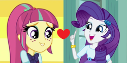 Size: 800x400 | Tagged: safe, artist:themexicanpunisher, rarity, sour sweet, equestria girls, g4, my little pony equestria girls, my little pony equestria girls: friendship games, clothes, female, freckles, lesbian, open mouth, shipping, skirt, sourity