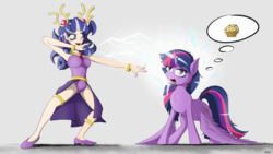 Size: 7600x4275 | Tagged: safe, artist:maneingreen, twilight sparkle, alicorn, pony, stantler, g4, absurd resolution, armpits, brainwashed, derpified, food, magic, mind control, muffin, swirly eyes, tongue out, twilight sparkle (alicorn), witch