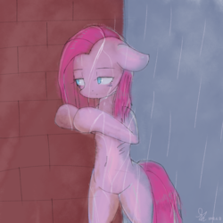 Size: 2000x2000 | Tagged: safe, artist:yunyeyoung, pinkie pie, earth pony, semi-anthro, g4, belly button, female, high res, pinkamena diane pie, rain, solo