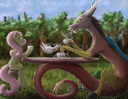 Size: 2269x1757 | Tagged: safe, artist:vladimir-olegovych, discord, fluttershy, draconequus, pegasus, pony, g4, cottagecore, cup, duo, female, looking at each other, looking at someone, male, mare, tea party, teacup, teapot, tree
