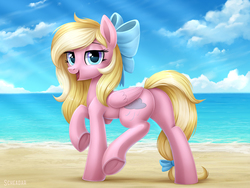 Size: 1200x900 | Tagged: safe, artist:scheadar, oc, oc only, oc:bay breeze, pegasus, pony, beach, bow, cloud, commission, female, folded wings, hair bow, looking at you, mare, open mouth, outdoors, pegasus oc, sky, solo, tail, tail bow, underhoof, wings