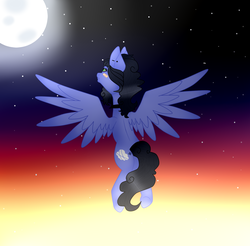 Size: 1406x1386 | Tagged: safe, artist:cindystarlight, oc, oc only, oc:justly sky, oc:skiu, pegasus, pony, female, flying, mare, moon, solo, twilight (astronomy)