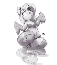 Size: 1300x1500 | Tagged: safe, artist:mtcerber, fluttershy, semi-anthro, g4, blushing, clothes, costume, devil costume, female, grayscale, monochrome, sketch, socks, solo, wide hips