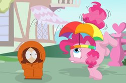 Size: 1096x729 | Tagged: safe, artist:porygon2z, pinkie pie, earth pony, human, pony, g4, crossover, hat, kenny dies again, kenny mccormick, male, pinkie sense, south park, this will end in death, umbrella hat
