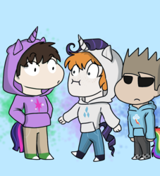 Size: 852x937 | Tagged: safe, artist:kioskofsquids, rainbow dash, rarity, twilight sparkle, human, g4, clothes, edd gould (eddsworld), eddsworld, hoodie, matt (eddsworld), tom (eddsworld)