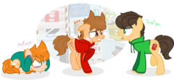 Size: 1024x469 | Tagged: safe, artist:shinybrony, earth pony, pony, clothes, edd gould (eddsworld), eddsworld, hoodie, matt (eddsworld), ponified, simple background, tord (eddsworld), transparent background