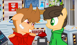 Size: 1024x597 | Tagged: safe, artist:shinybrony, earth pony, pony, big red button, edd gould (eddsworld), eddsworld, ponified, tord (eddsworld)