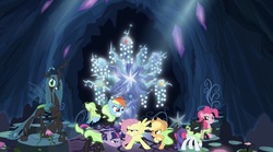 Size: 2048x1142 | Tagged: safe, editor:php77, applejack, fluttershy, pinkie pie, queen chrysalis, rainbow dash, rarity, twilight sparkle, changeling, g4, the mean 6, clone, evil rainbow dash, former queen chrysalis, mane six, transformation