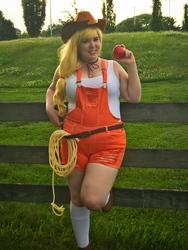 Size: 3024x4032 | Tagged: safe, artist:mintyblitzz, applejack, human, g4, apple, chubby, clothes, cosplay, costume, female, fence, food, irl, irl human, lasso, overalls, photo, rope, solo