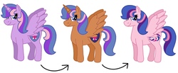 Size: 2003x826 | Tagged: safe, artist:kindheart525, oc, oc only, oc:galaxy guard, alicorn, pegasus, pony, kindverse, alicorn oc, offspring, parent:flash sentry, parent:twilight sparkle, parents:flashlight, solo, then and now