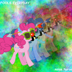 Size: 2000x2000 | Tagged: safe, artist:neoncel, pinkie pie, earth pony, pony, g4, album, album cover, arrow, bandcamp, clown nose, facial hair, female, glasses, groucho mask, high res, moustache, music, noise.horse, party horn, red nose, solo, trippy