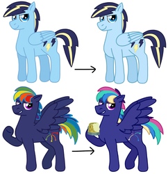 Size: 1440x1490 | Tagged: safe, artist:kindheart525, oc, oc only, oc:firework, oc:lightning bolt, pegasus, pony, kindverse, hoof hold, offspring, parent:rainbow dash, parent:soarin', parents:soarindash, rainbow hair, simple background, then and now, white background