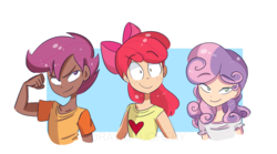 Size: 1725x957 | Tagged: safe, artist:drawbauchery, apple bloom, scootaloo, sweetie belle, human, g4, clothes, cutie mark crusaders, dark skin, freckles, humanized