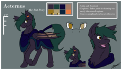 Size: 5760x3300 | Tagged: safe, artist:xeirla, oc, oc:aeternus, bat pony, clothes, derpface, ear piercing, ear tufts, earring, heterochromia, jewelry, piercing, poncho, reference sheet, smiling, tail wrap