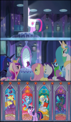 Size: 1936x3288 | Tagged: safe, artist:3d4d, idw, derpy hooves, flam, flim, queen chrysalis, trixie, twilight sparkle, alicorn, pony, g4, spoiler:comic, alicornified, alternate universe, derp, flim flam brothers, floppy ears, mirror universe, princess of humility, race swap, reversalis, stained glass, trixiecorn, twilight sparkle (alicorn), where the f*** am i, wrong turn