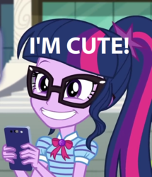 Size: 620x720 | Tagged: safe, sci-twi, twilight sparkle, equestria girls, g4, adorkable, captain obvious, cellphone, cute, dork, female, i'm cute, image macro, meme, obvious, phone, smartphone, solo, truth, twiabetes