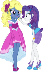 Size: 1918x3167 | Tagged: safe, artist:nstone53, rarity, oc, oc:azure/sapphire, human, equestria girls, g4, too many pinkie pies, clothes, crossdressing, cute, dress, duo, female, femboy, lipstick, makeup, male, rarity peplum dress, simple background, smiling, transparent background