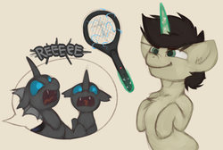 Size: 1168x785 | Tagged: safe, artist:marsminer, oc, oc only, oc:keith, changeling, pony, bug zapper, bugs doing bug things, cream background, floppy ears, flyswatter, frown, glare, levitation, magic, nose wrinkle, open mouth, rearing, reeee, scared, screaming, simple background, smiling, smirk, telekinesis, this will end in pain, tongue out, wide eyes