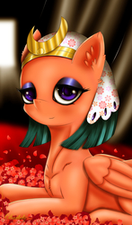 Size: 3200x5450 | Tagged: safe, artist:darksly, somnambula, pony, g4, female, flower, flower petals, lidded eyes, looking at you, mare, prone, smiling, solo