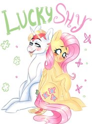 Size: 769x1040 | Tagged: safe, artist:spazzyhippie, fluttershy, oc, oc:lucky charm, pegasus, pony, unicorn, g4, back to back, blushing, canon x oc, clovers, couple, cute, duo, female, flucky, looking at each other, male, romantic, shipping, straight