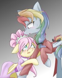 Size: 1000x1250 | Tagged: safe, artist:azurepicker, fluttershy, rainbow dash, the count of monte rainbow, g4, alternate hairstyle, blushing, bow, clothes, crying, dress, female, fluttercedes, lesbian, rainbow dantes, ship:flutterdash, shipping, the count of monte cristo