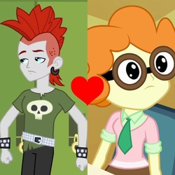 Size: 749x749 | Tagged: safe, edit, edited screencap, screencap, crimson napalm, scribble dee, equestria girls, g4, my little pony equestria girls, background human, belt, ear piercing, earring, female, glasses, heart, jewelry, male, mohawk, piercing, scribblenapalm, shipping, shipping domino, straight