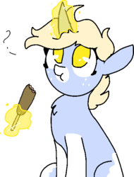 Size: 477x626 | Tagged: safe, artist:nootaz, oc, oc only, oc:nootaz, pony, unicorn, corndog, eating, female, food, glowing horn, horn, magic, mare, ponies eating meat, sausage, simple background, sitting, solo, transparent background
