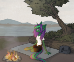 Size: 1500x1267 | Tagged: safe, artist:lonerdemiurge_nail, oc, oc only, oc:buggy code, anthro, bag, campfire, clothes, fire, glasses, lake, shirt, shorts, sitting, solo, tree