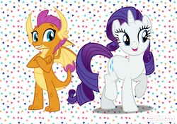 Size: 1024x720 | Tagged: safe, rarity, smolder, dragon, pony, g4, abstract background, generosity, power