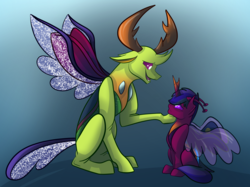 Size: 2732x2048 | Tagged: safe, artist:percy-mcmurphy, thorax, oc, oc:alistair, alicorn, changedling, changeling, changepony, hybrid, pony, g4, antennae, antlers, colored sclera, foal, gradient background, high res, horn, hybrid wings, interspecies offspring, king thorax, offspring, parent:thorax, parent:twilight sparkle, parents:twirax, sad, sitting, smiling