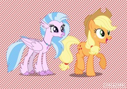 Size: 1024x720 | Tagged: safe, applejack, silverstream, classical hippogriff, earth pony, hippogriff, pony, g4, abstract background, duo, female, mare, spirit, teacher and student