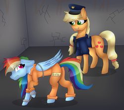 Size: 4028x3591 | Tagged: safe, artist:tomboygirl45, applejack, rainbow dash, pegasus, pony, g4, annoyed, b-f16, bound wings, butt, chains, clothes, commission, commissioner:rainbowdash69, cuffs, jail, never doubt rainbowdash69's involvement, plot, police uniform, prison, prison outfit, prisoner rd, shackles, smiling, smirk