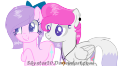 Size: 1024x558 | Tagged: dead source, safe, artist:jxst-blue, oc, oc only, oc:pink bow, oc:ruby fox, earth pony, pegasus, pony, bow, female, hair bow, mare, simple background, transparent background