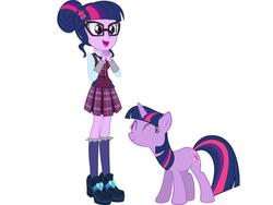 Size: 960x720 | Tagged: safe, sci-twi, twilight sparkle, human, pony, unicorn, equestria girls, g4, eyes closed, female, human and pony, human ponidox, mare, self ponidox, simple background, smiling, unicorn twilight, white background