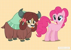 Size: 1024x720 | Tagged: safe, pinkie pie, yona, earth pony, pony, yak, g4, :p, bow, cloven hooves, female, hair bow, honor, mare, monkey swings, silly, tongue out