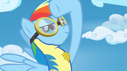 Size: 1920x1080 | Tagged: safe, screencap, rainbow dash, pegasus, pony, g4, my little pony: friendship is magic, wonderbolts academy, clothes, female, goggles, lead pony, lead pony badge, salute, solo, uniform, wonderbolt trainee uniform