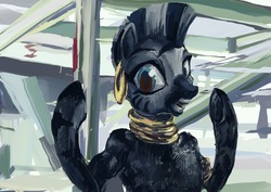 Size: 2339x1653 | Tagged: safe, artist:explonova, zecora, pony, zebra, g4, bipedal, childish gambino, ear piercing, earring, female, jewelry, piercing, ponified, solo, species swap, this is america, zebrafied