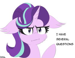 Size: 2437x1890 | Tagged: safe, artist:freefraq, starlight glimmer, pony, unicorn, g4, marks for effort, cheek fluff, ear fluff, female, floppy ears, i have several questions, i mean i see, jontron, mare, meme, plug and play consoles, raised hoof, reaction image, simple background, solo, white background