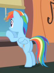 Size: 318x432 | Tagged: safe, screencap, rainbow dash, g4, bipedal, butt, cropped, female, plot, solo, the equestria games, train