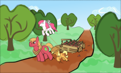 Size: 1520x917 | Tagged: artist needed, safe, applejack, big macintosh, princess celestia, pegasus, pony, fanfic:sunny skies all day long, g4, cart, disguise, fanfic, fanfic art, mud, pegasus celestia, pink mane, race swap, tree