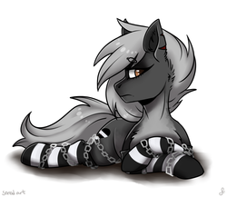 Size: 1500x1300 | Tagged: safe, artist:serodart, oc, oc only, earth pony, pony, chains, clothes, ear fluff, female, prone, socks, solo, striped socks