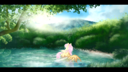 Size: 3800x2159 | Tagged: safe, artist:ilynalta, fluttershy, pegasus, pony, g4, female, high res, lake, mare, scenery, solo, water