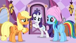 Size: 1280x720 | Tagged: safe, screencap, applejack, rainbow dash, rarity, g4, the best night ever, butt, plot