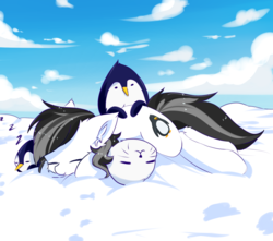 Size: 1700x1500 | Tagged: safe, artist:heddopen, oc, oc only, oc:noot, bird, earth pony, penguin, pony, seal, cute, female, mare, onomatopoeia, sleeping, snow, sound effects, zzz