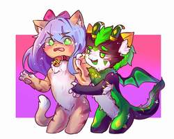 Size: 1440x1153 | Tagged: artist needed, source needed, useless source url, safe, oc, oc only, oc:文毛, oc:胡毛, cat, dragon, anthro, barely pony related, bell, bell collar, catified, collar, duo, species swap